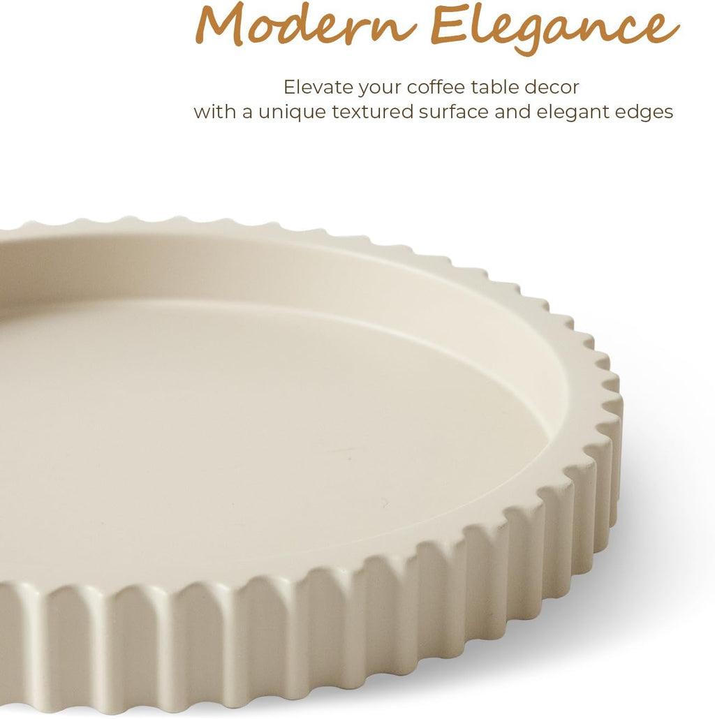 11" Round Concrete Coffee Table Tray – Decorative Tray with Wave Edge Design & Non-Slip Base, Modern Coffee Table Decor for Candles, Plants (Beige)