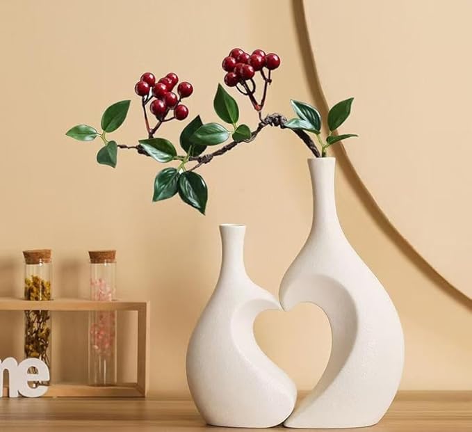 Ceramic Vase Set of 2, Heart ins Style Decorative Ceramic Aesthetic Flower Vase for Home Decor