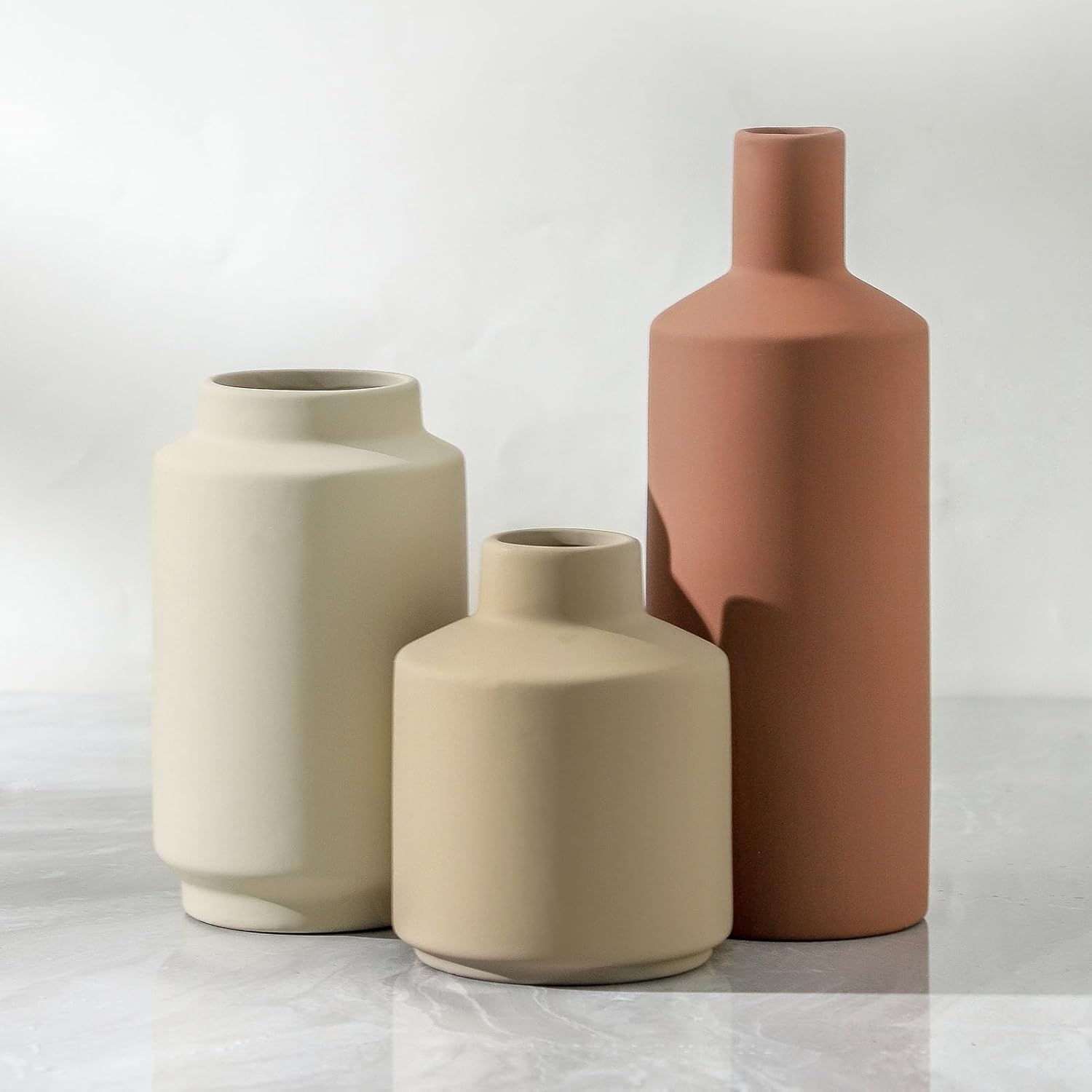 Ceramic Vase Set of 3, Modern Decorative Vases for Home Decor, Small Flower Pottery Vase Sets, Boho Farmhouse Rustic Vases for Living Room, Kitchen, Bedroom, Bathroom, Shelf, Table