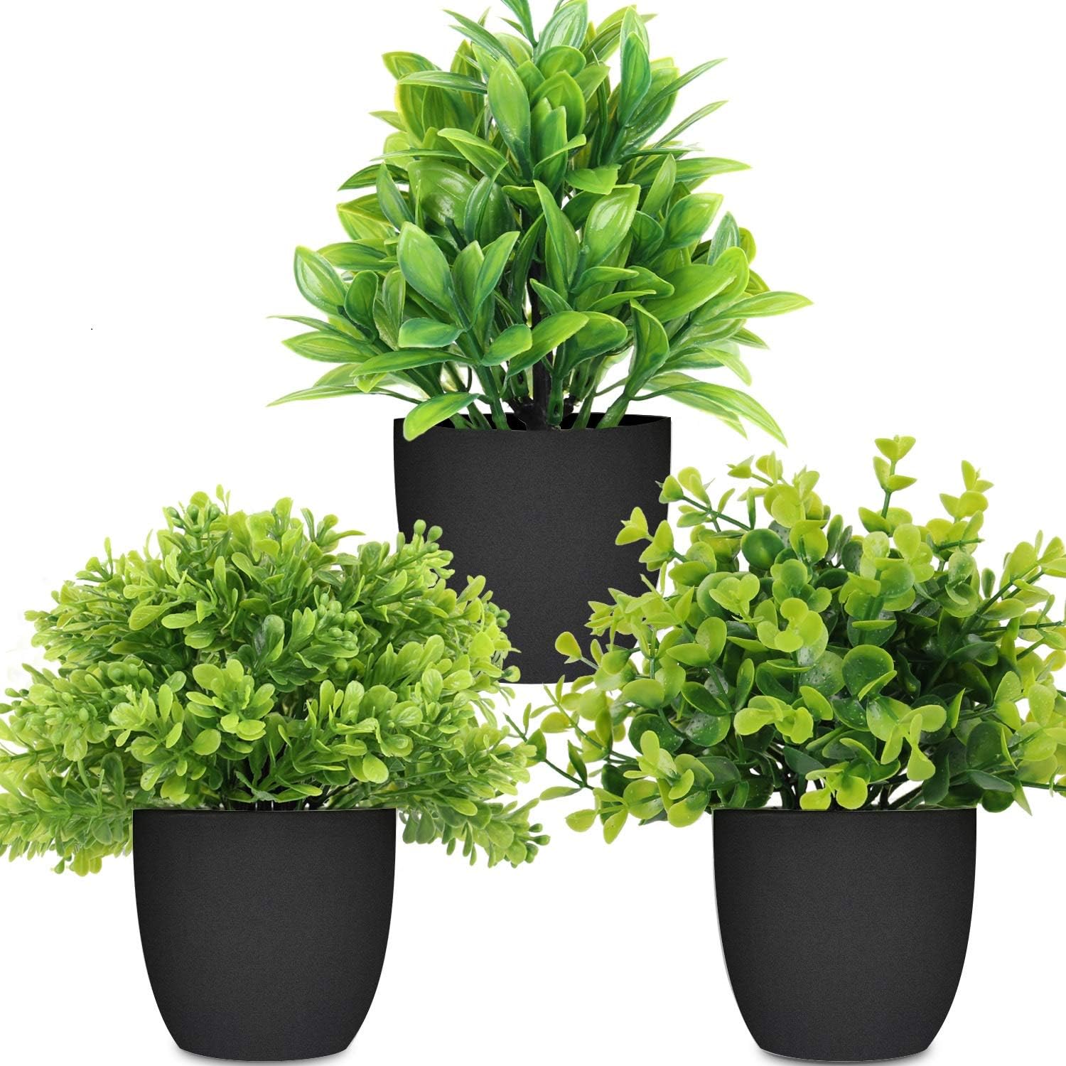 Artificial Potted Plants Mini Fake Plants, 3 Pack Medium Eucalyptus Artificial Plants Outdoor Potted Faux Decorative Grass Boxwood Plant with Black Pot for Indoor, Office, Desk, Table Decoration