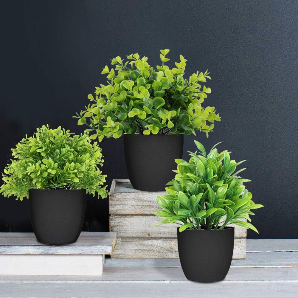 Artificial Potted Plants Mini Fake Plants, 3 Pack Medium Eucalyptus Artificial Plants Outdoor Potted Faux Decorative Grass Boxwood Plant with Black Pot for Indoor, Office, Desk, Table Decoration